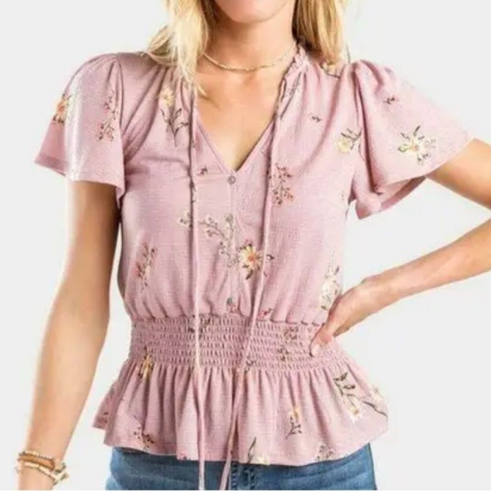 Meraki Floral Mauve Smocked Blouse